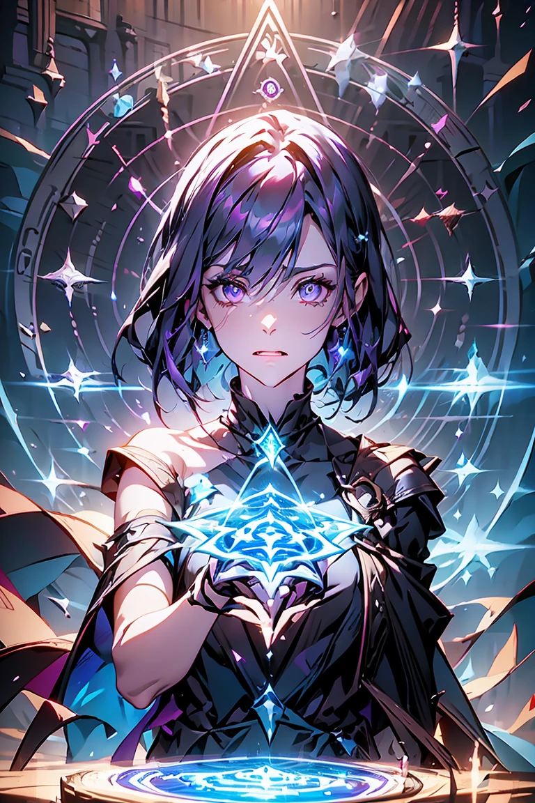 upper body of arcane mage woman, glowing iridescent runes, casting spell, purple hair and glowing eyes, naked, topless, (small breasts), black background, dark atmosphere, shout, ritual