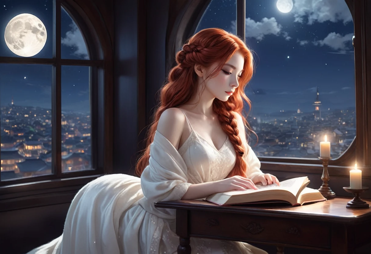 A beautiful 22-year-old woman with a perfect face, long, red hair styled in a braid, and captivating black eyes sits curled up in a plush armchair near a window, completely absorbed in reading a worn leather-bound book. Moonlight streams softly through a large window, illuminating dust motes dancing in the air. A white cat sits regally on the table in front of her, gazing out the window at the cityscape below, bathed in the cool, calming light of the distant moon. The peaceful night lighting and soft moonlight create a serene mood, perfect for a lofi girl illustration. Render the scene in a detailed anime style, suitable for 8K- ultra HD resolution.