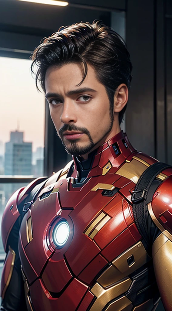 8k, realistic, attractive, highly detailed, a 25 year old man french crop hairstyle, and attractive man inspired by Iron Man wearing a shiny Iron Man mech, perfectly interpreting Iron Man's strength and charisma. The abandoned warehouse serves as a backdrop, creating a unique atmosphere that highlights her bravery and perseverance. The tall buildings and buildings on the street exude the unique charm of cyberpunk, and the neon light outlines the outline of the city, which sets off the powerful strength and personality charm of Iron Man. This high-definition, high-quality picture will bring you stunning visual enjoyment, a perfect combination of sexy, futuristic and sci-fi elements. oc rendering, dramatic lighting, award winning quality