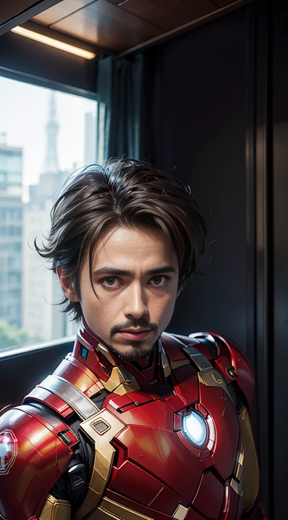8k, realistic, attractive, highly detailed, a 25 year old man french crop hairstyle, and attractive man inspired by Iron Man wearing a shiny Iron Man mech, perfectly interpreting Iron Man&#39;s strength and charisma. The abandoned warehouse serves as a backdrop, creating a unique atmosphere that highlights her bravery and perseverance. The tall buildings and buildings on the street exude the unique charm of cyberpunk, and the neon light outlines the outline of the city, which sets off the powerful strength and personality charm of Iron Man. This high-definition, high-quality picture will bring you stunning visual enjoyment, a perfect combination of sexy, futuristic and sci-fi elements. oc rendering, dramatic lighting, award winning quality