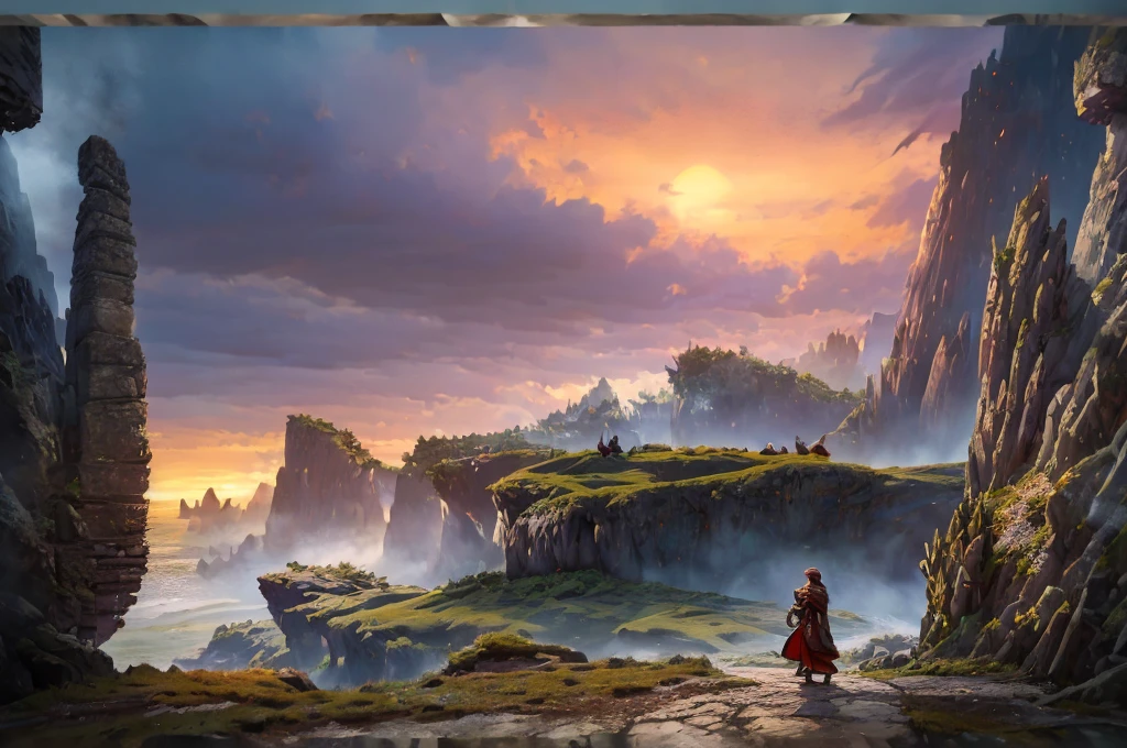 a detailed fantasy landscape, enchanted forests, majestic mountains, inspired by tolkien, in the style of john howe, ruins, ruined fortress, best quality, 4k, 8k, highres, masterpiece:1.2, ultra-detailed, realistic, photorealistic, photo-realistic:1.37, hdr, uhd, studio lighting, ultra-fine painting, sharp focus, physically-based rendering, extreme detail description, professional, vivid colors, bokeh, cinematic