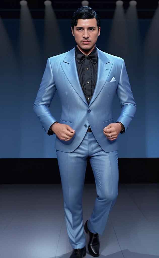 romantic music singer young man 35 years old in a suit on a stage named man Jose 1992 Mexican blue tuxedo on a blue background 1992 40 y20 short black hair 3D animation short hair Jose Jose