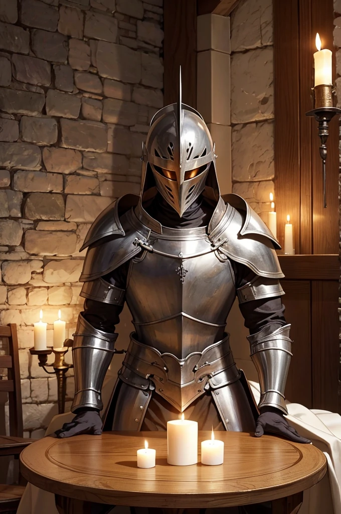 Create an image of a helmetless knight wearing detailed armor. He is kneeling in the center of the scene, the scene takes place in a modest and cozy room in a medieval fortress. To the knight's right is a simple bed with neat linen sheets and a wool blanket. On the left, a sturdy wooden table with a rustic-style chair. On the table, there is an open bible, illuminated by the soft light of a lit candle, casting dancing shadows on the stone walls.