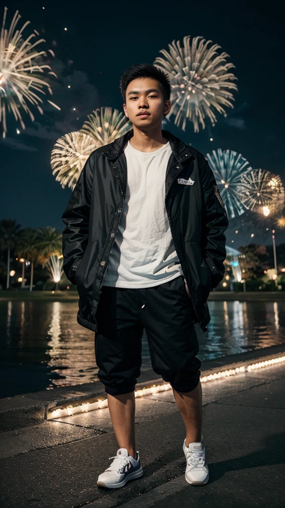 A 25 year old filipino boy wearing a black jacket and white sneakers the background is nigth and koraen park and fireworks.