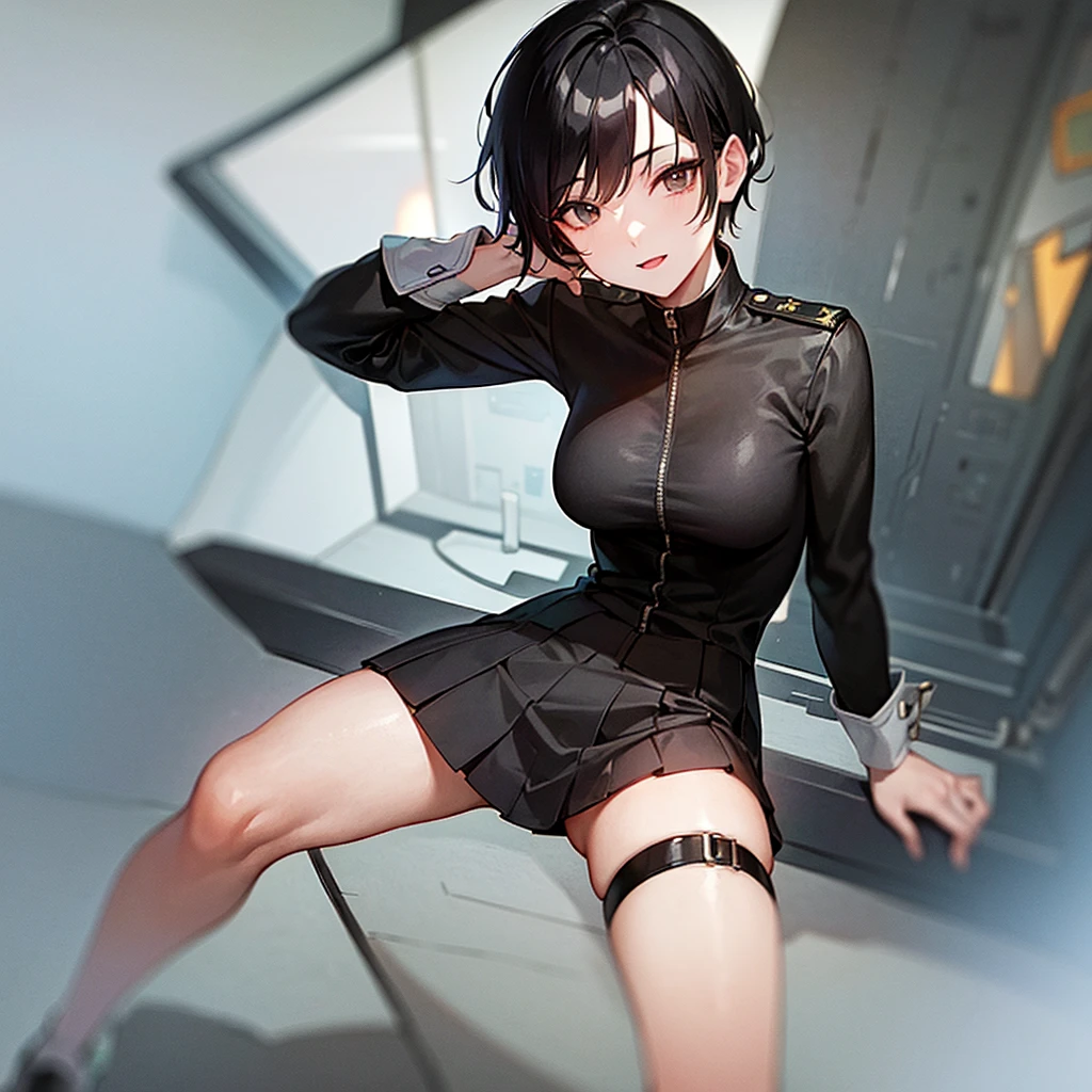 (highest resolution, distinct_image), best quality, masterpiece, highly detailed, semi realistic, a woman with short black hair, mature woman, triple bangs, black uniform, black pleated skirt, military uniform, spaceship space, control room, commander