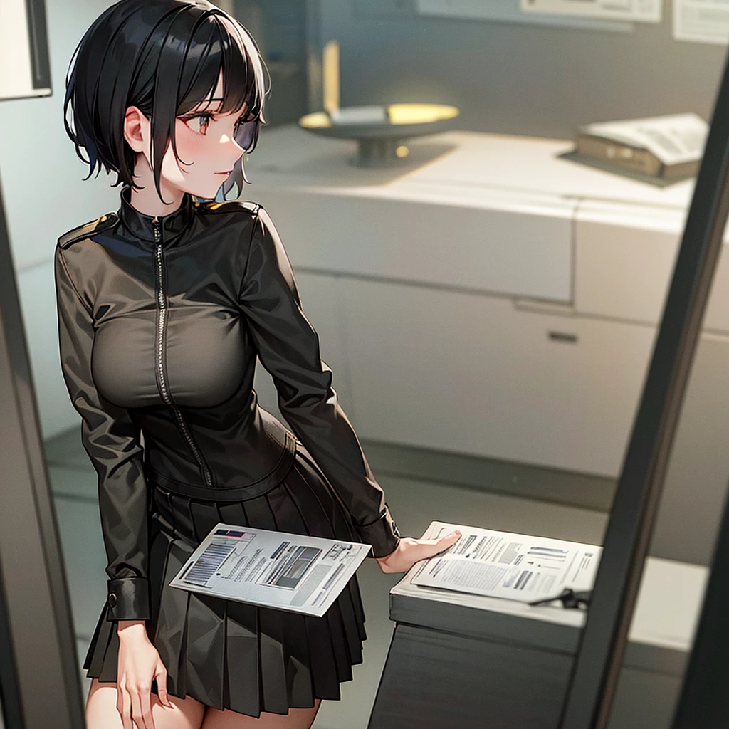 (highest resolution, distinct_image), best quality, masterpiece, highly detailed, semi realistic, a woman with short black hair, mature woman, triple bangs, black uniform, black pleated skirt, military uniform, spaceship space, control room, commander