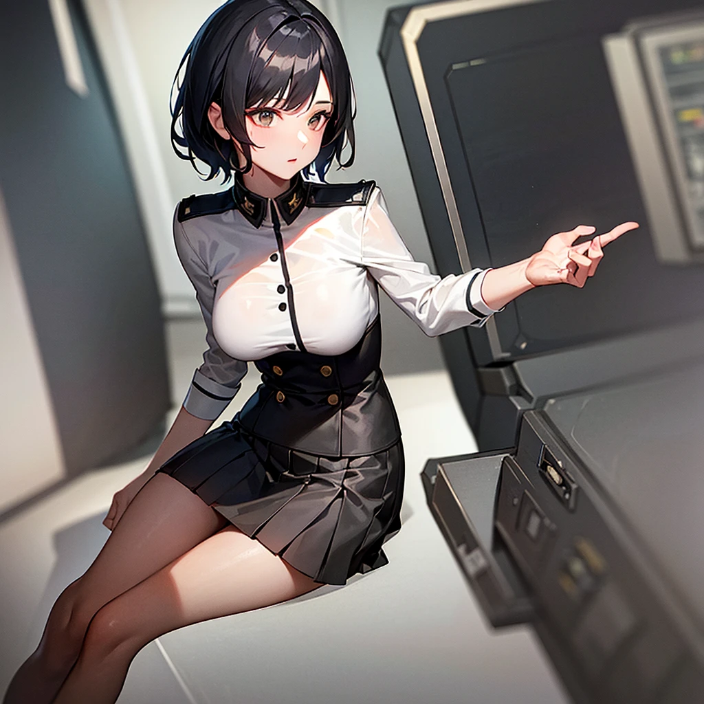 (highest resolution, distinct_image), best quality, masterpiece, highly detailed, semi realistic, a woman with short black hair, mature woman, triple bangs, black uniform, black pleated skirt, military uniform, spaceship space, control room, commander