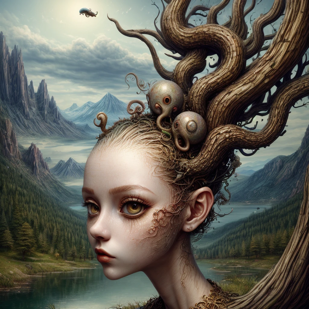 (masterpiece, hi resolution, hd wallpaper, extra resolution, best quality, intricate details:1.3), a head flying in the sky and turning into octopus with squids instead of hair, pretty face, big eyes with elegant eyelashes, surrealistic landscape with a grassy area and a lake on the foreground and trees and mountain on the background, abstract shapes and dead black tree growing on the head while head flying in the sky, liquid flash, balls, artwork by AIDA_NH_humans, surrealistic portrait in style of AIDA_NH_humans 