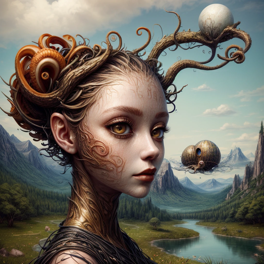 (masterpiece, hi resolution, hd wallpaper, extra resolution, best quality, intricate details:1.3), a head flying in the sky and turning into octopus with squids instead of hair, pretty face, big eyes with elegant eyelashes, surrealistic landscape with a grassy area and a lake on the foreground and trees and mountain on the background, abstract shapes and dead black tree growing on the head while head flying in the sky, liquid flash, balls, artwork by AIDA_NH_humans, surrealistic portrait in style of AIDA_NH_humans 