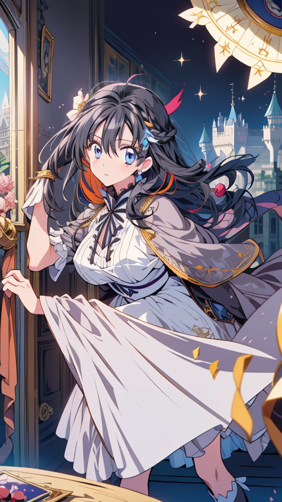 best quality, extremely detailed, anime style adult 1girl, long hair down to the waist, straight hair, ((dark black hair with bluish)),crown braid,beautiful detailed eyes, pinched eyes, dark blue eyes, huge breasts,curvy,(((white main princess colorful dress))),longskirt,Clothing with intricate decorations,feather and colorful accessory,((foppery shoes)),fluttering cloak,animation cap,animated gif,((((castle room)))),((((pov))))