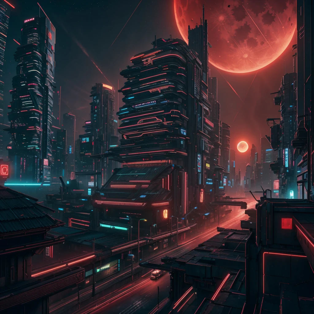 Cyberpunk city, neon lnight, night, HDR, Futuristic building, red lnight, Red Moon, red theme, traffic lnight, 4k resolution, landscape