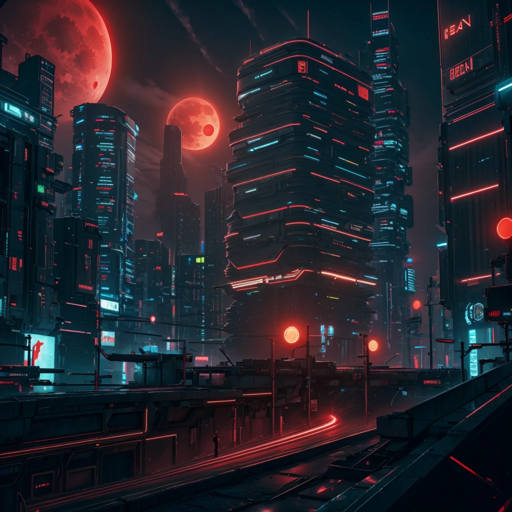 Cyberpunk city, neon lnight, night, HDR, Futuristic building, red lnight, Red Moon, red theme, traffic lnight, 4k resolution, landscape