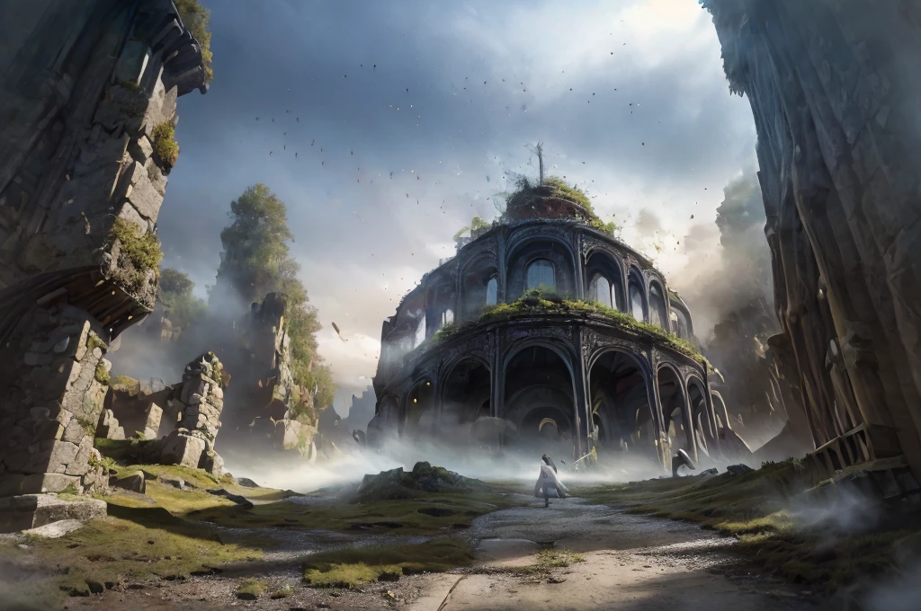 a detailed fantasy landscape, enchanted forests, majestic mountains, inspired by tolkien, in the style of john howe, ruins, ruined fortress, best quality, 4k, 8k, highres, masterpiece:1.2, ultra-detailed, realistic, photorealistic, photo-realistic:1.37, hdr, uhd, studio lighting, ultra-fine painting, sharp focus, physically-based rendering, extreme detail description, professional, vivid colors, bokeh, cinematic