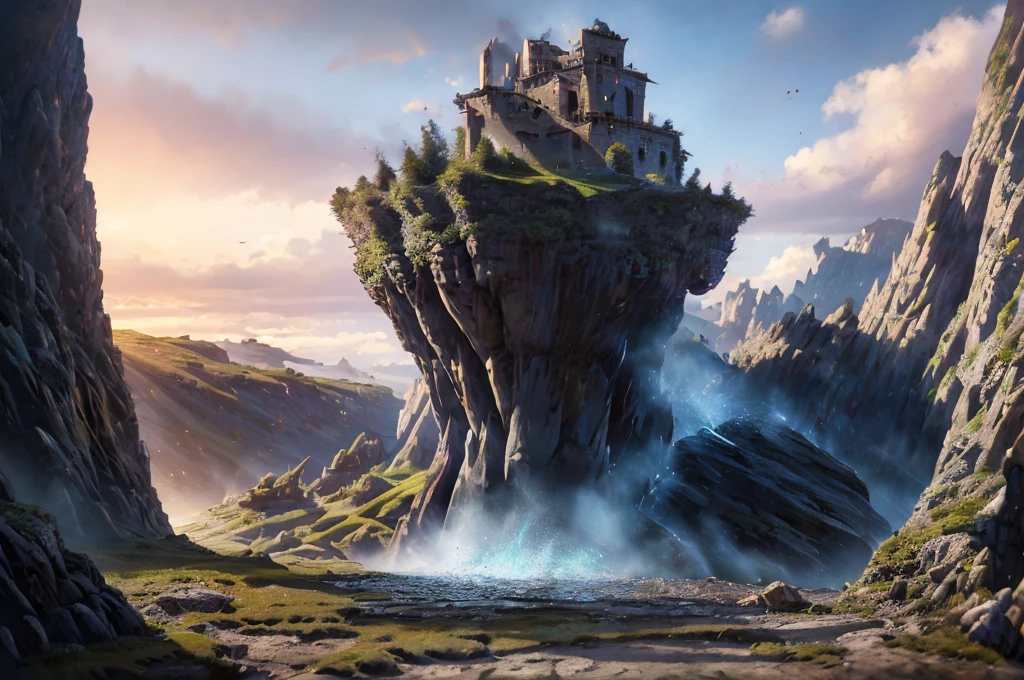 a detailed fantasy landscape, enchanted forests, majestic mountains, inspired by tolkien, in the style of john howe, ruins, ruined fortress, best quality, 4k, 8k, highres, masterpiece:1.2, ultra-detailed, realistic, photorealistic, photo-realistic:1.37, hdr, uhd, studio lighting, ultra-fine painting, sharp focus, physically-based rendering, extreme detail description, professional, vivid colors, bokeh, cinematic