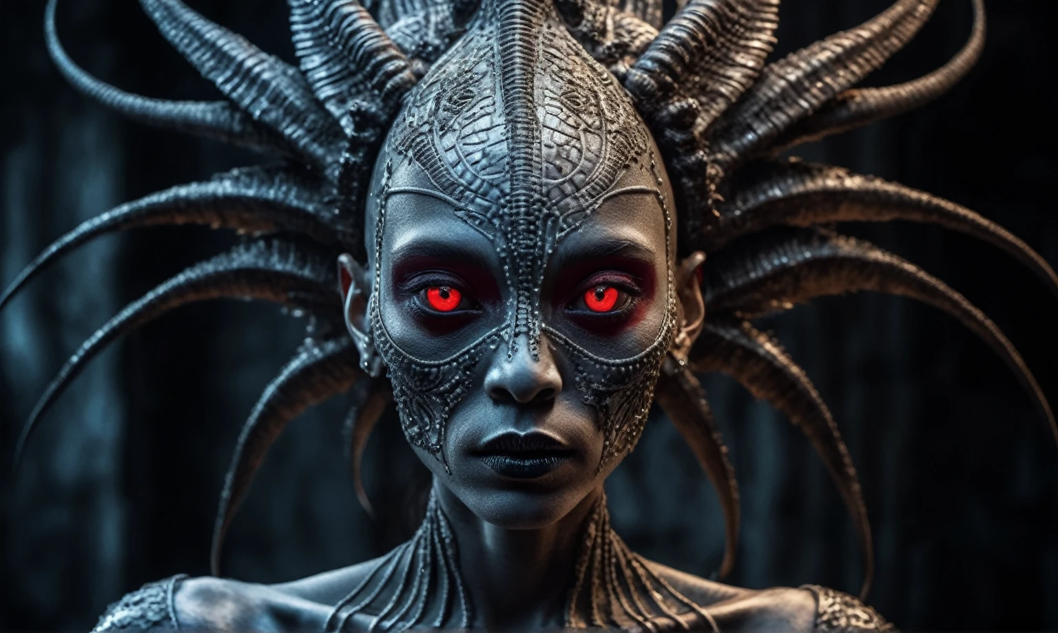 full body length shot,nerd graphite  Alien Entity,native africa slave ,nowadays azctec central city,Cinematic,soft colors, Technicolor,natural skin textures, hyper realism, hyper detailed,Extremely detailed,High contrast,Masterpiece,Realistic,Ultra Detailed, intricate details,realistic humid leather,extremely intricate details,Epic Realistic, cinematic style, irina yermolova,high contrast,hdr,extremely detailed, [deep night landscape],masterpiece, intricate details, eyes extremely detailed, high detailed eyes,8k resolution,retina, Nikon Z9,Korea,orc,Egypt, Pisces, transition between two art styles, Double contact, X-ray, Creative, vivid light, fantasy, Abstract, Surrealism, super detailed, high resolution,insanity national folk wear,skin  almost translucent, gothic elements, further emphasizing its dark air,Mestichino,Light particles,chaos,starfish's leather,Angkor Wat of Cambodia,"(The best lighting, dark, dramatic),(alien skull fetus, Hellraiser, Scars, , sexy, brain, blood, a rat inside the head, terror.),(Red eyes, calaveras). morning light.


