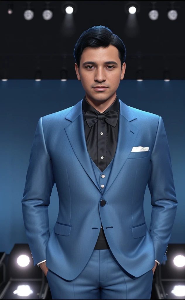 romantic music singer young man 35 years old with a suit on a stage named man Jose 1992 Mexican blue tuxedo on a blue background 1992 40 and 20 short black hair 3D animation short hair Jose Jose all blue tuxedo