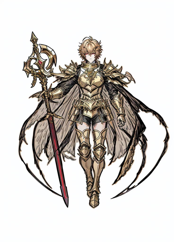 1boy, gold hair, golden fur, short hair,Red eyes,golden saint, epic armor, legendary weapon, handsome man, elegant clothes,holy knight, (high resolution, high detail, The best quality)