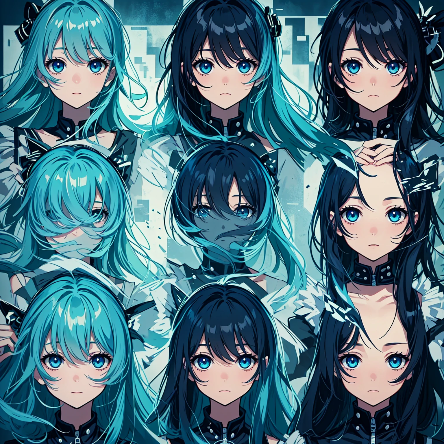 make a image in a a grid of nine panels, like a sprite sheet, in images have to be a anime girl portrait, same girl in all panels, As the sequence progresses, the character's hair becomes increasingly disheveled and animated, suggesting movement or wind action