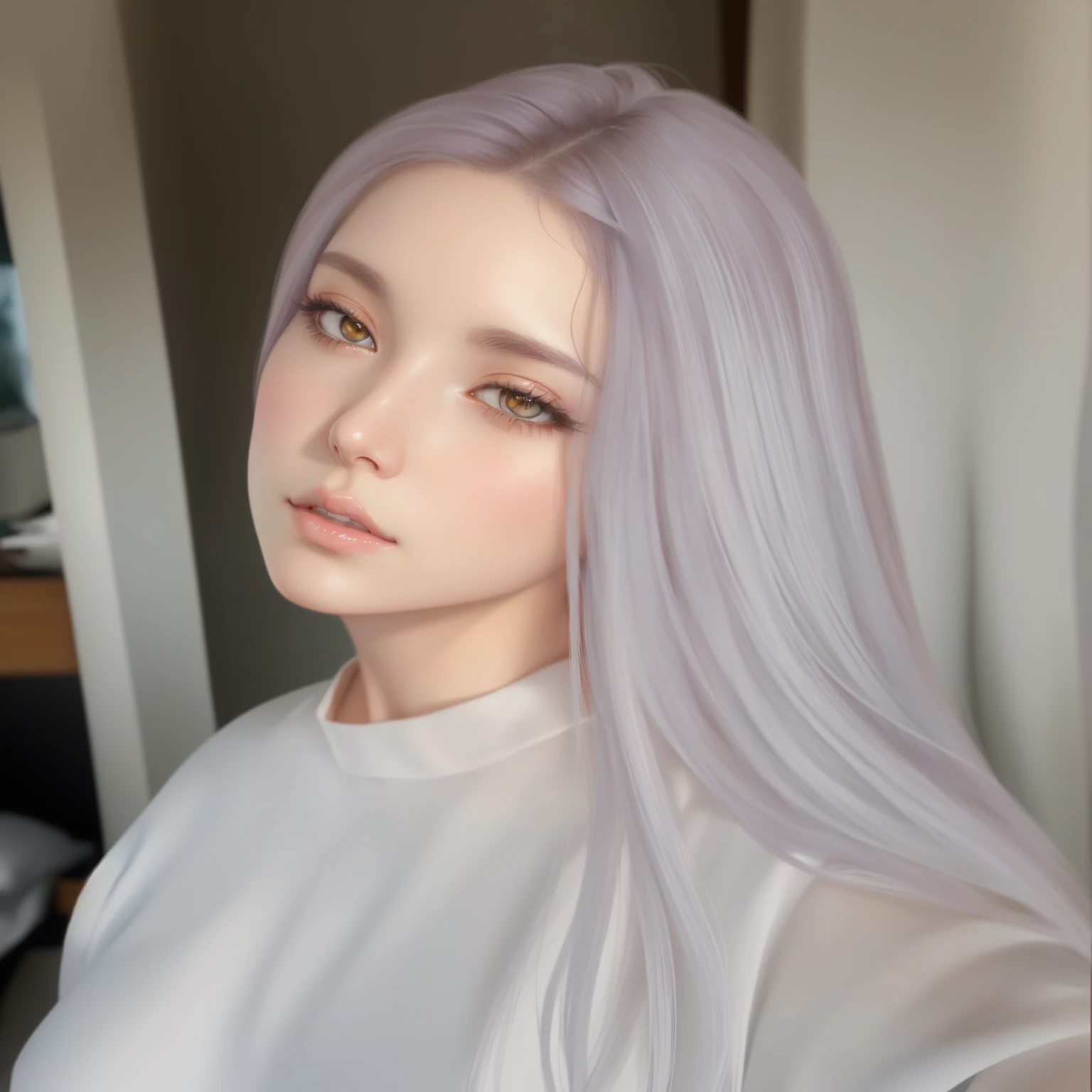 a close-up of a woman with long hair and a white shirt, realistic art style, kawaii realistic portrait, 🤤 portrait of , realism art style, realistic 3d anime style, realistic anime art style, anime realism style, photorealistic art style, soft digital painting, no art style by bowater, 4k realistic digital art, 4k realistic digital art