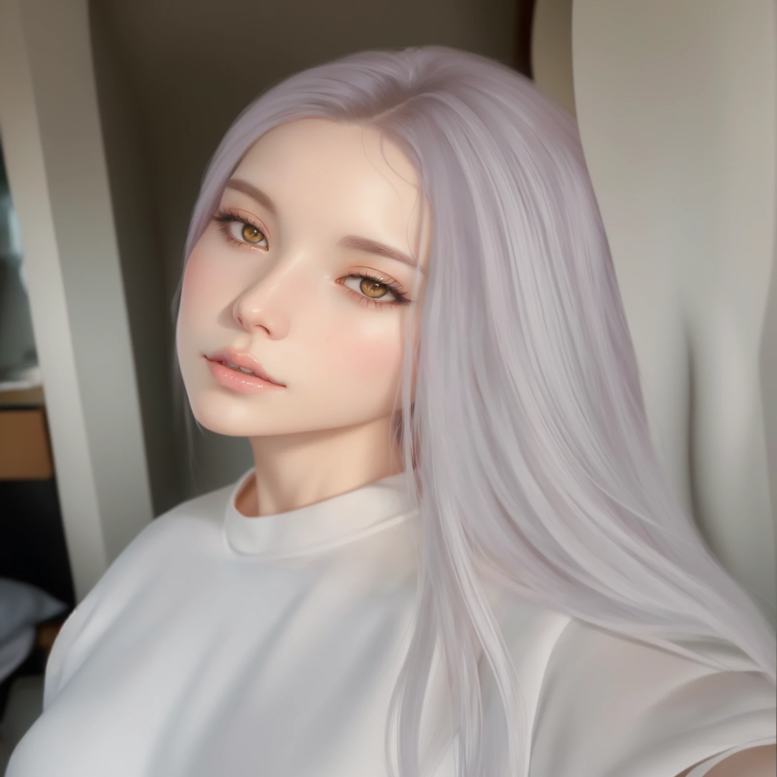 a close-up of a woman with long hair and a white shirt, realistic art style, kawaii realistic portrait, 🤤 portrait of , realism art style, realistic 3d anime style, realistic anime art style, anime realism style, photorealistic art style, soft digital painting, no art style by bowater, 4k realistic digital art, 4k realistic digital art