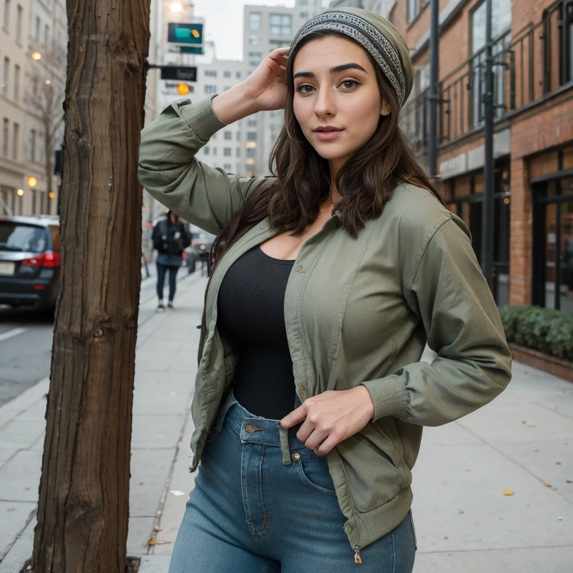 Extremely busty thin and toned brunette photographer, college girl, fair skin, loose side sweep, soft face, athletic, bandana babushka headwrap, tight olive green casual windbreaker, skinny jeans. standing in front of her apartment building, outdoors, city, camera bag, cleavage