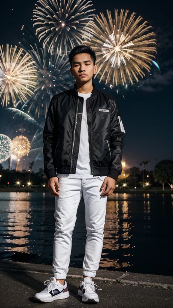 A 25 year old filipino boy wearing a black jacket and white sneakers the background is nigth and koraen park and fireworks.