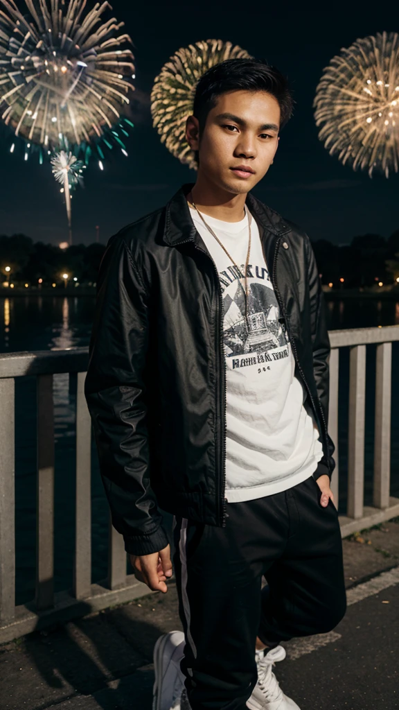 A 25 year old filipino boy wearing a black jacket and white sneakers the background is nigth and koraen park and fireworks.