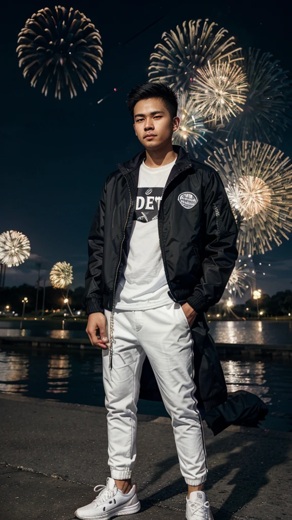 A 25 year old filipino boy wearing a black jacket and white sneakers the background is nigth and koraen park and fireworks.