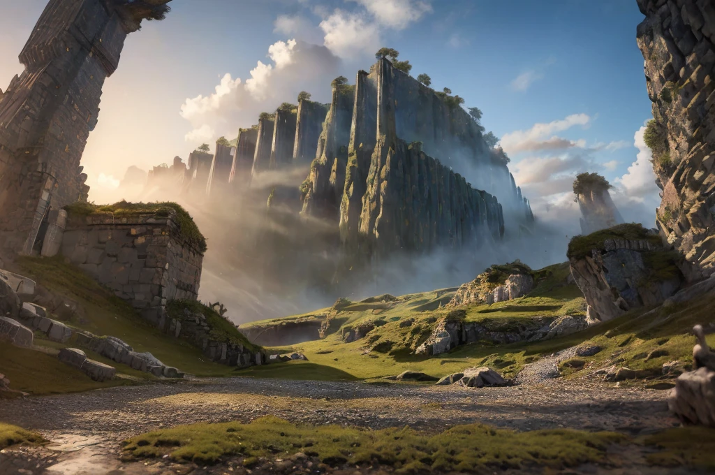 a detailed fantasy landscape, enchanted forests, majestic mountains, inspired by tolkien, in the style of john howe, ruins, ruined fortress, best quality, 4k, 8k, highres, masterpiece:1.2, ultra-detailed, realistic, photorealistic, photo-realistic:1.37, hdr, uhd, studio lighting, ultra-fine painting, sharp focus, physically-based rendering, extreme detail description, professional, vivid colors, bokeh, cinematic
