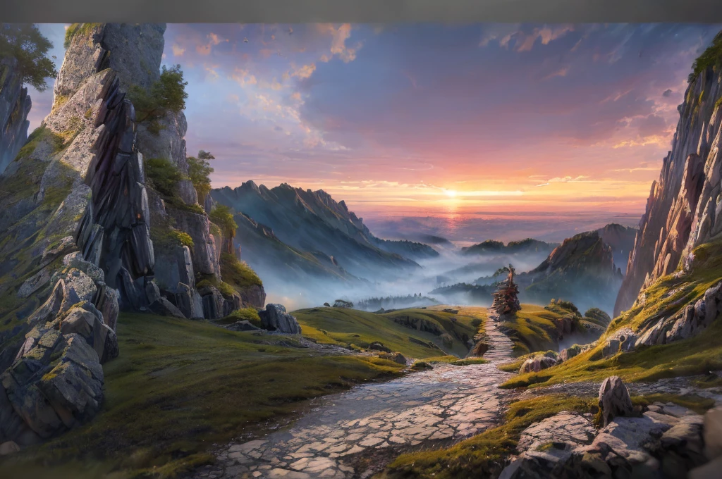 a detailed fantasy landscape, enchanted forests, majestic mountains, inspired by tolkien, in the style of john howe, ruins, ruined fortress, best quality, 4k, 8k, highres, masterpiece:1.2, ultra-detailed, realistic, photorealistic, photo-realistic:1.37, hdr, uhd, studio lighting, ultra-fine painting, sharp focus, physically-based rendering, extreme detail description, professional, vivid colors, bokeh, cinematic