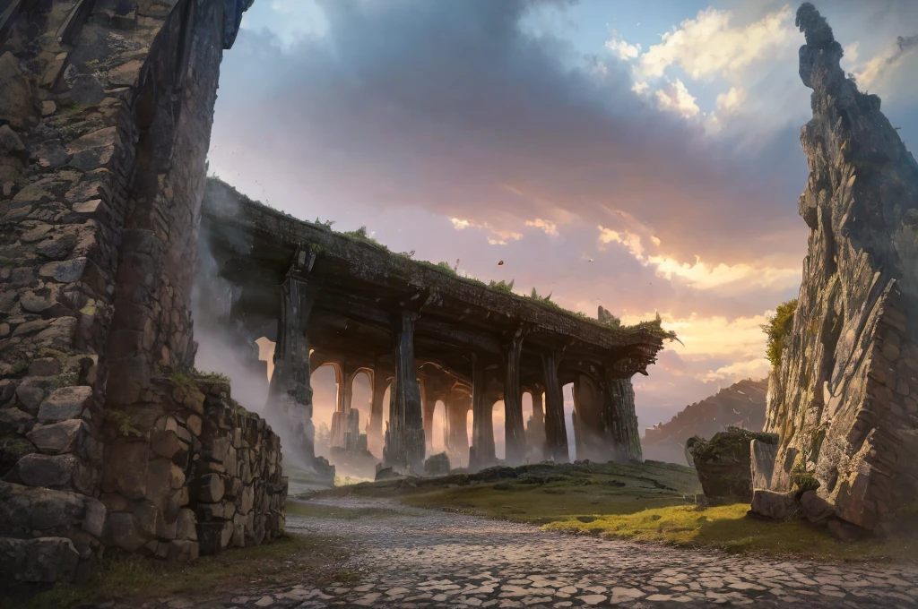 a detailed fantasy landscape, enchanted forests, majestic mountains, inspired by tolkien, in the style of john howe, ruins, ruined fortress, best quality, 4k, 8k, highres, masterpiece:1.2, ultra-detailed, realistic, photorealistic, photo-realistic:1.37, hdr, uhd, studio lighting, ultra-fine painting, sharp focus, physically-based rendering, extreme detail description, professional, vivid colors, bokeh, cinematic
