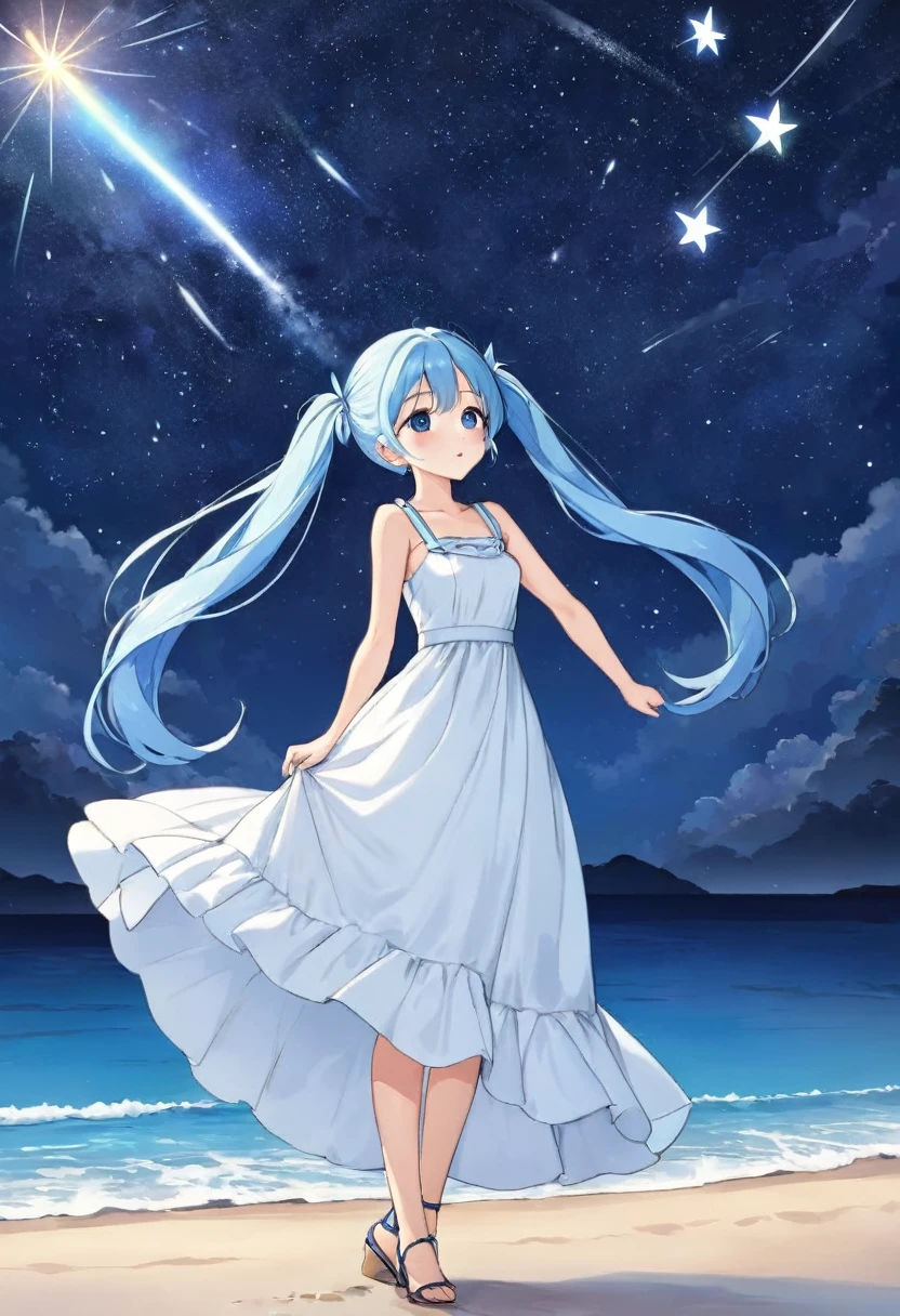 Night sky beach、Lots of shooting stars、Light blue long hair、Beautiful girl with twin tails、White long dress、Looking up at a shooting star