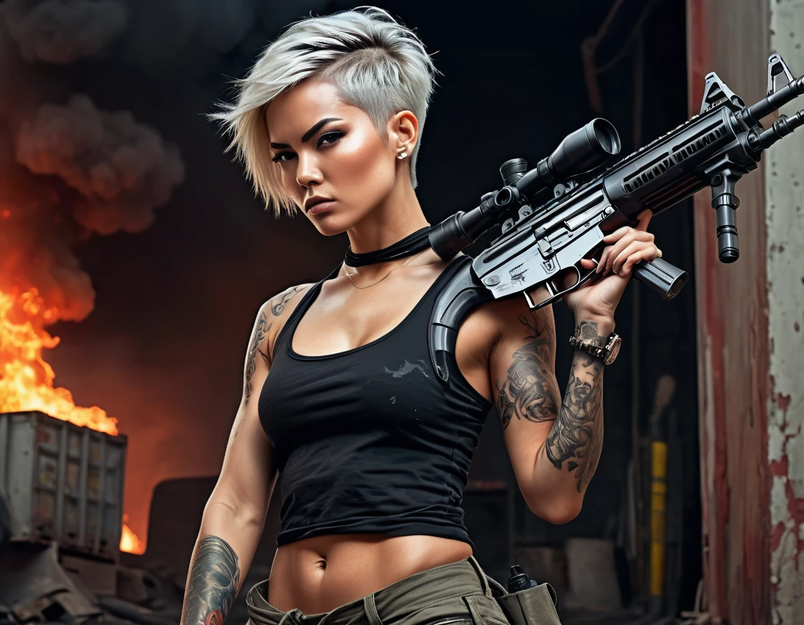 Hyper realistic illustration, muscular futuristic latin mariner woman beautiful platinum shaved pixie haircut, lurking holding a m1 rifle, red tank top, black bandana, scar in the left cheek, sweat, soot, very realistic, tattoos, fashion by yoji shinkawa and yohji yamamoto, full body, dynamic poses, Aliens movie aesthetic scene, principles, warm color palette, oil painting colors, natural fire background stunning, highly realistic, cinematic lighting, HDR, 8k