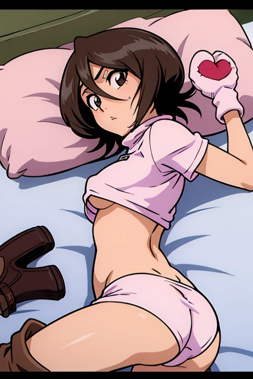 tennis girl's massive rear butt cheeks out of bottomless slutty mini sweater out bare and brown boots, showing her butt, lying down, on bed, wearing oven mittens under big pillow, blindfold