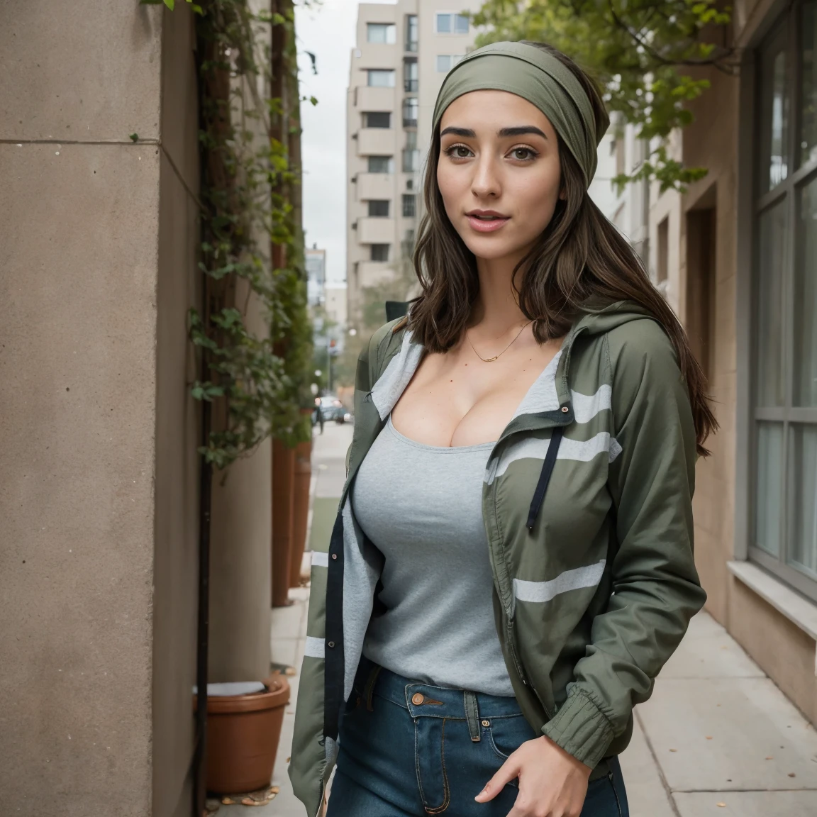 Extremely busty thin and toned brunette photographer, college girl, fair skin, loose side sweep, soft face, athletic, bandana babushka headwrap, tight olive green casual windbreaker, skinny jeans. standing in front of her apartment building, outdoors, city, camera bag, cleavage