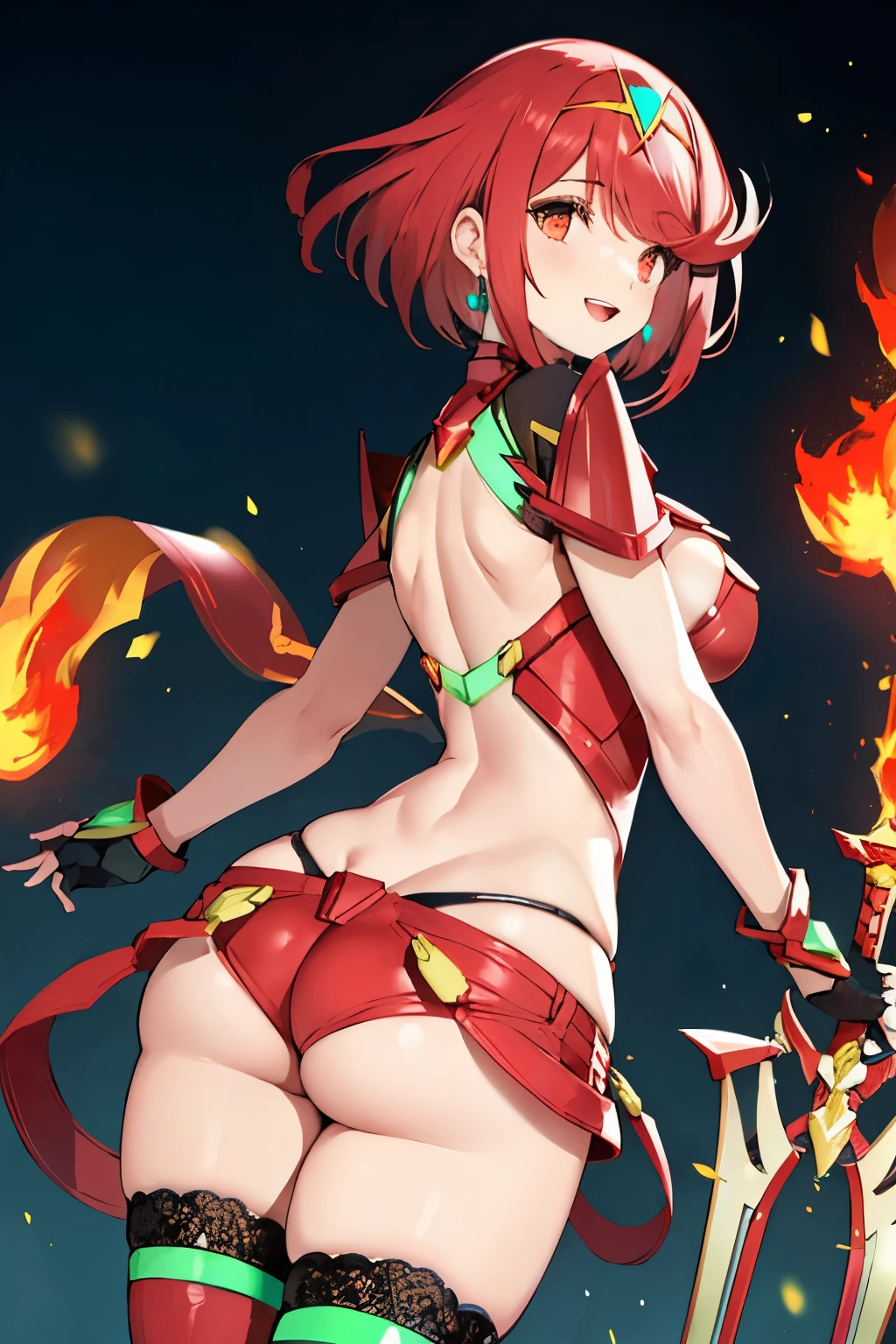 pyra \(xenoblade\), young__1girl, armor, bangs, black gloves, breasts, red eyes, closed mouth, earrings, eyelashes, fingerless gloves, floating hair, framed breasts, gem, gloves, hair ornament, headpiece, jewelry, big_breasts, leaning back, leotard, neon trim, official art, pose, red hair, red shorts, saitou masatsugu, short hair, short shorts, short sleeves, shorts, sidelocks, skin tight, solo, standing, swept bangs, thighhighs, tiara, night_prairie_background, turtleneck, underbust, vambraces, xenoblade chronicles \(series\), (xenoblade chronicles 2), apart_legs, fire_effect,dynamic_pose_fighting,light_smile, (plump:1.1), big_ass,huge_sword, hold_large_sword_hilt, solo, covered_nipples, covered_pussy,open_mouth,back_view,