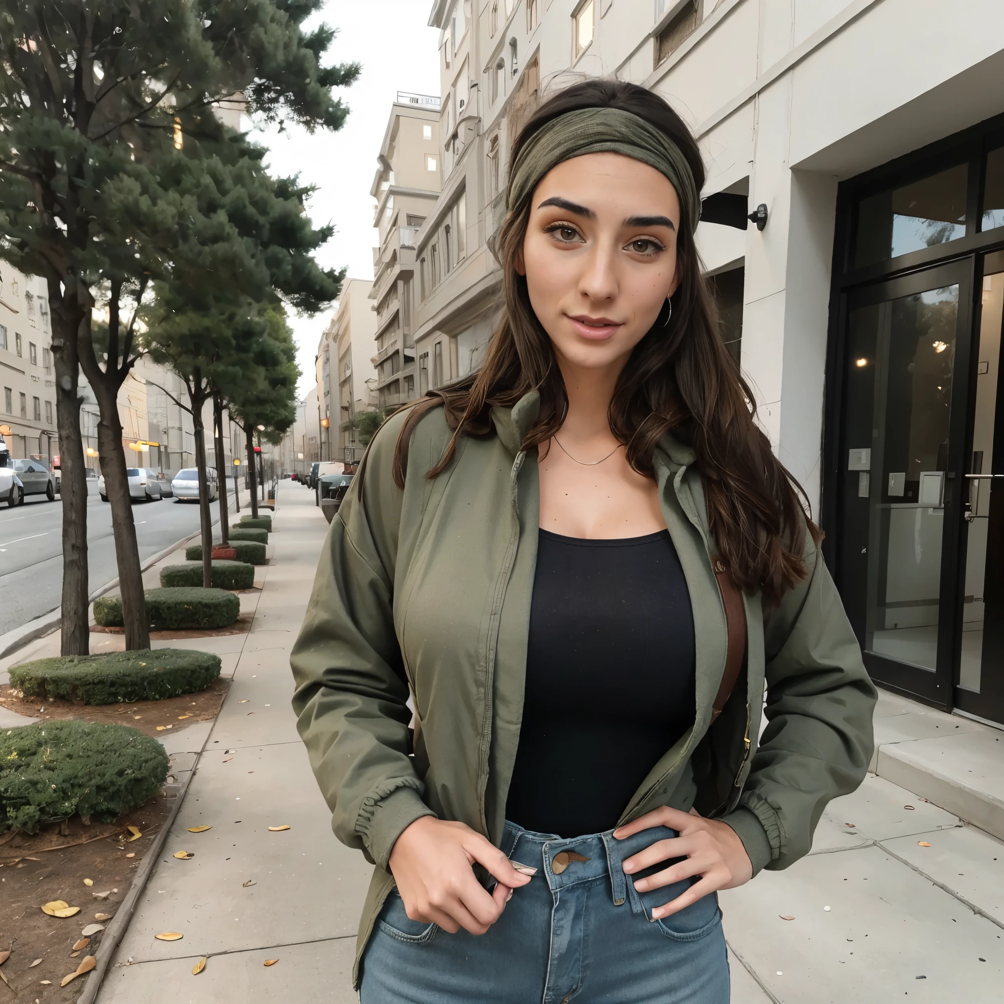 Extremely busty thin and toned brunette photographer, college girl, fair skin, loose side sweep, soft face, athletic, bandana babushka headwrap, tight olive green casual windbreaker, skinny jeans. standing in front of her apartment building, outdoors, city, camera bag, cleavage 