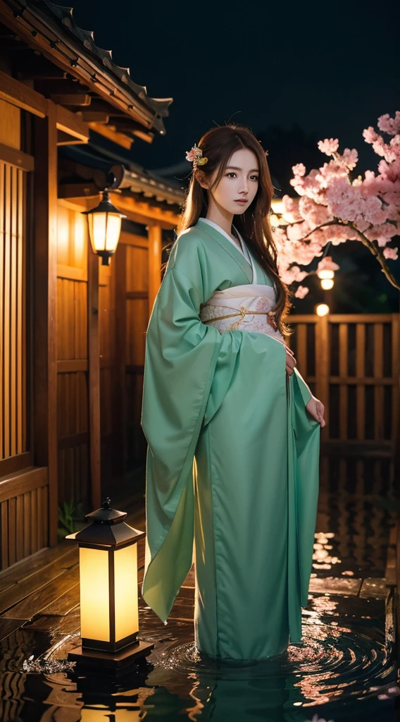 (masterpiece, high resolution, illustration:1.3),Half-length photo, charming , Close-up of face,(Flowing russet hair:1.2), Emerald eyes, (Traditional samurai costume:1.1), Sakura themed kimono, , Ancient cobblestone streets, Cherry Blossom Season in Tokyo, (Petals flutter in the rain:1.2), Mysterious atmosphere, (Lighted Lantern:1.1), Comfortable storefront, Traditional wooden house, (Tranquil water reflections:1.2), Thoughtful expression, Peaceful atmosphere, gentle raindrops, Diagonal composition, Top-down perspective, Wonderful color scheme, Poetic story.