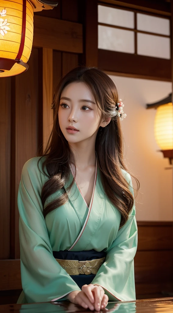 (masterpiece, high resolution, illustration:1.3),Half-length photo, charming , Close-up of face,(Flowing russet hair:1.2), Emerald eyes, (Traditional samurai costume:1.1), Sakura themed kimono, , Ancient cobblestone streets, Cherry Blossom Season in Tokyo, (Petals flutter in the rain:1.2), Mysterious atmosphere, (Lighted Lantern:1.1), Comfortable storefront, Traditional wooden house, (Tranquil water reflections:1.2), Thoughtful expression, Peaceful atmosphere, gentle raindrops, Diagonal composition, Top-down perspective, Wonderful color scheme, Poetic story.