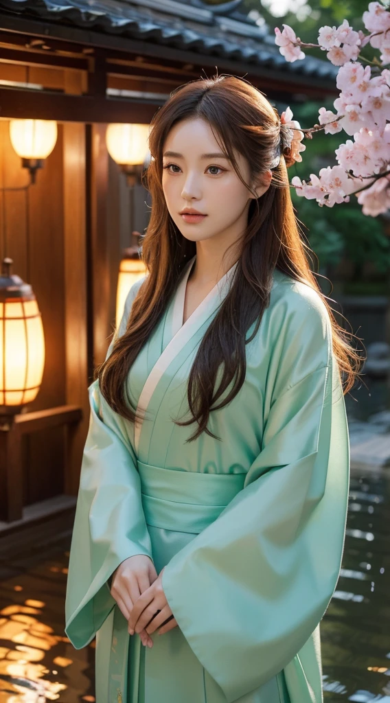 (masterpiece, high resolution, illustration:1.3),Half-length photo， charming , Close-up of face，(Flowing russet hair:1.2), Emerald eyes, (Traditional samurai costume:1.1), Sakura themed kimono, , Ancient cobblestone streets, Cherry Blossom Season in Tokyo, (Petals flutter in the rain:1.2), Mysterious atmosphere, (Lighted Lantern:1.1), Comfortable storefront, Traditional wooden house, (Tranquil water reflections:1.2), Thoughtful expression, Peaceful atmosphere, gentle raindrops, Diagonal composition, Top-down perspective, Wonderful color scheme, Poetic story.