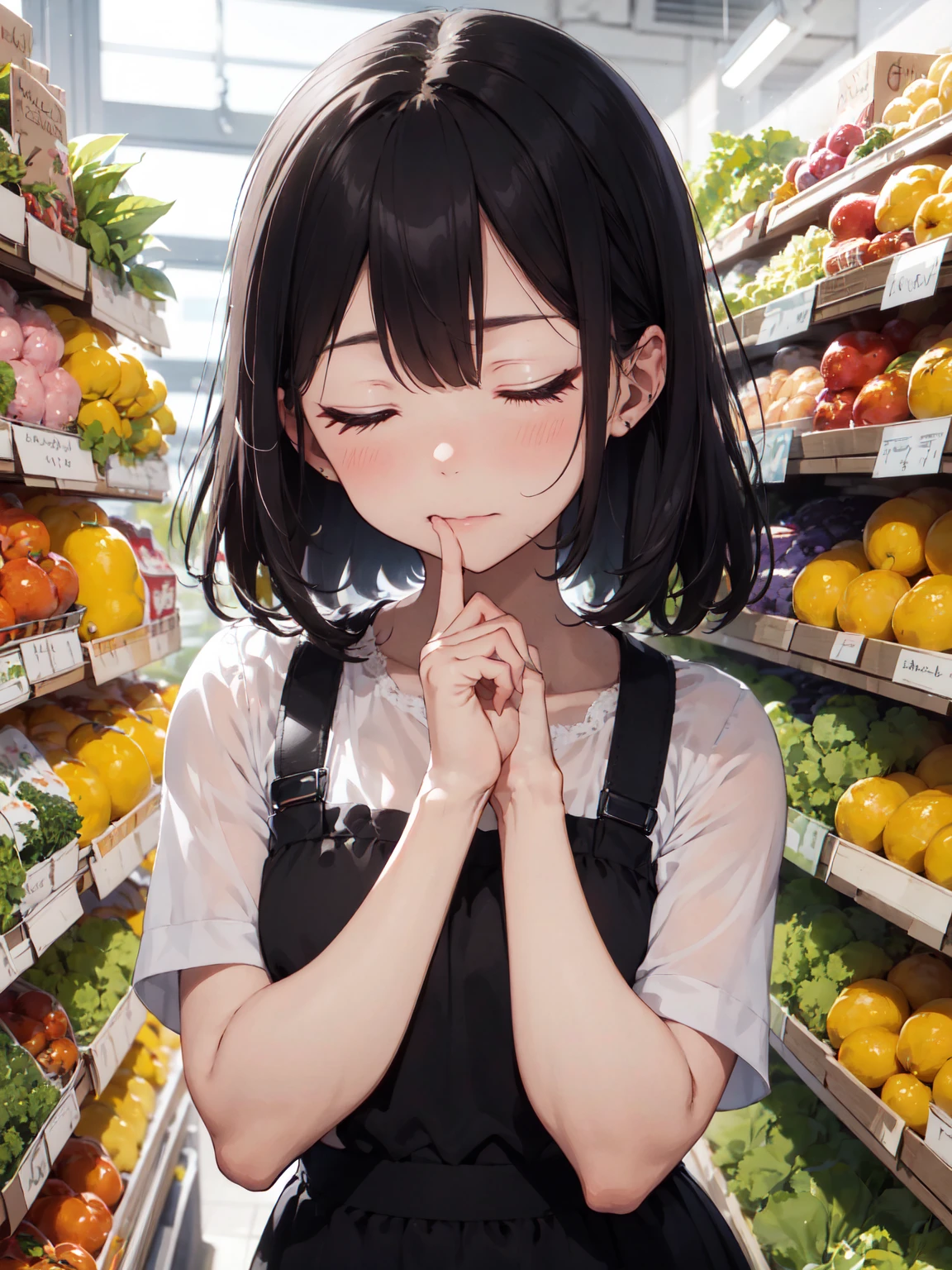 detailed young mother, low side tail hair, hand on cheek, finger on cheek, vegitable on her hand, closed eyes, troublesome face, sigh, expensive vegitable, supermarket, absurdres, 8k, detailed plants