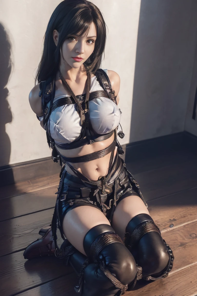 top quality, masterpiece, (original photo, professional photography, photorealistic, realistic:1.3), extremely detailed CG 16K unity wallpaper, (best aesthetic, natural light:1.1), ultra high res, (correct anatomy:1.5), ((highly detailed skin texture:1.1)), ((from front view:1.ov, 1 girl, (tifa Lockhart, white tanktop, black short pants), solo, looking at viewer, cowboy shot, (24 years old:1.1), (looks younger than real age:1.3), fairly detailed skin, dark eyes, ((narrow eyes:1.4)), finely detailed nose, beautiful lips, (embarrassed:1.3), ((petit, slender:1.4)), ((beautiful breast:1.2)), (((arms behind back, restrained, shibari, rope bondage:1.5))), (((sitting on the floor:1.4))), (((indoor, midnight, dark room, empty room:1.2)))