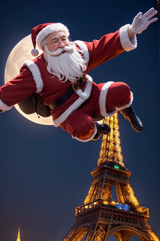Santa Claus flying near the Eiffel Tower in Paris on a full moon
