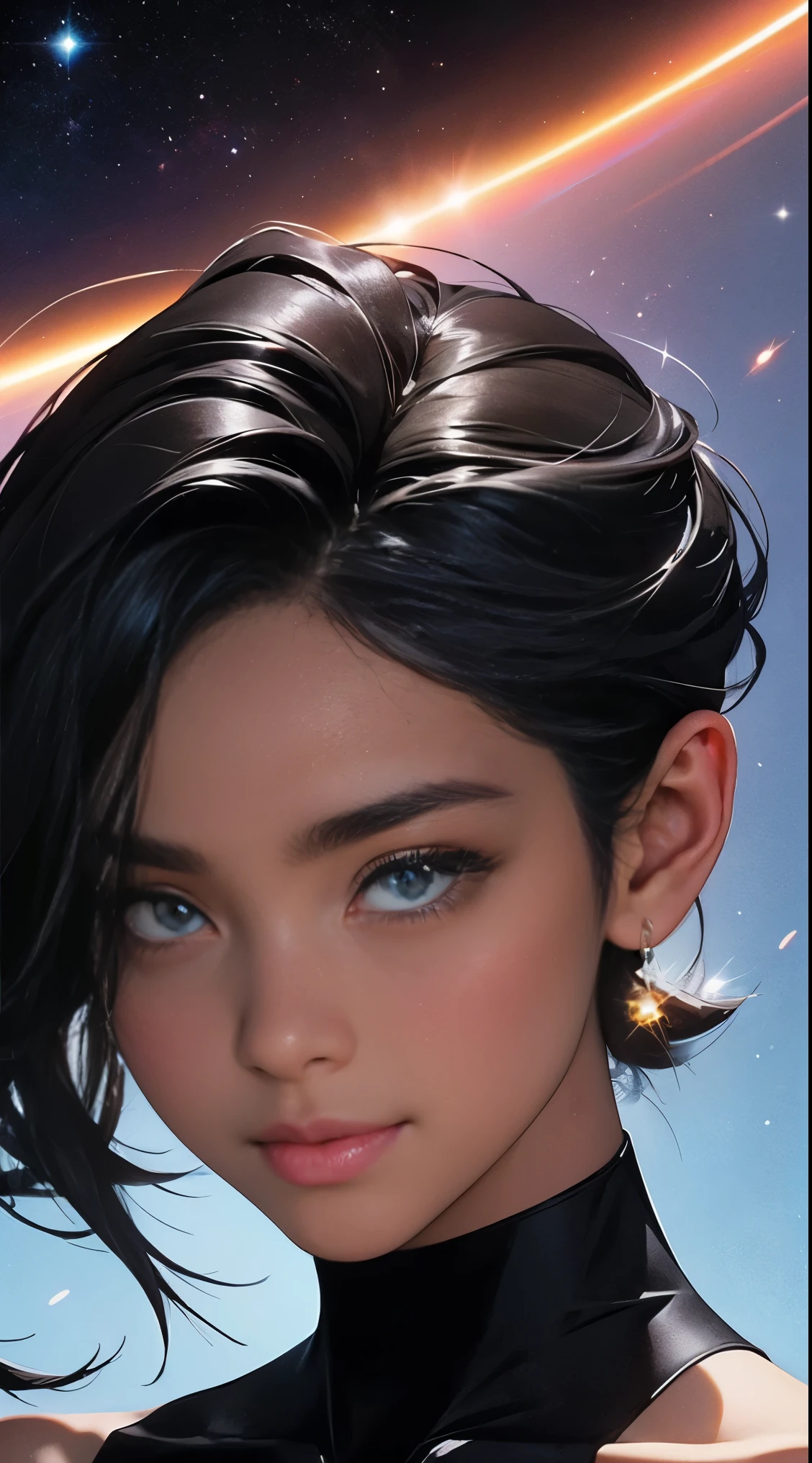 A totally black, skin black like a blackhole in a space, have sparkle in your skin like a million of stars glowing. Your eyes are the most beautiful Galaxy, she is covered by Galaxy materials clothes. She have a simple spectacular smile and a halo of Saturn in your head.