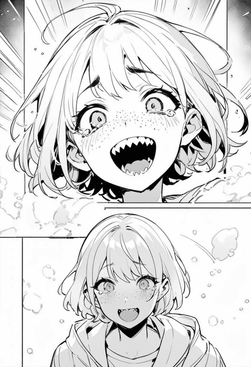 best quality , monochrome, lineart, 1girl, short darkhair, freckles, smile, looking at viewer,open mouth, sharp teeth, happy tears, white background oldest, comic