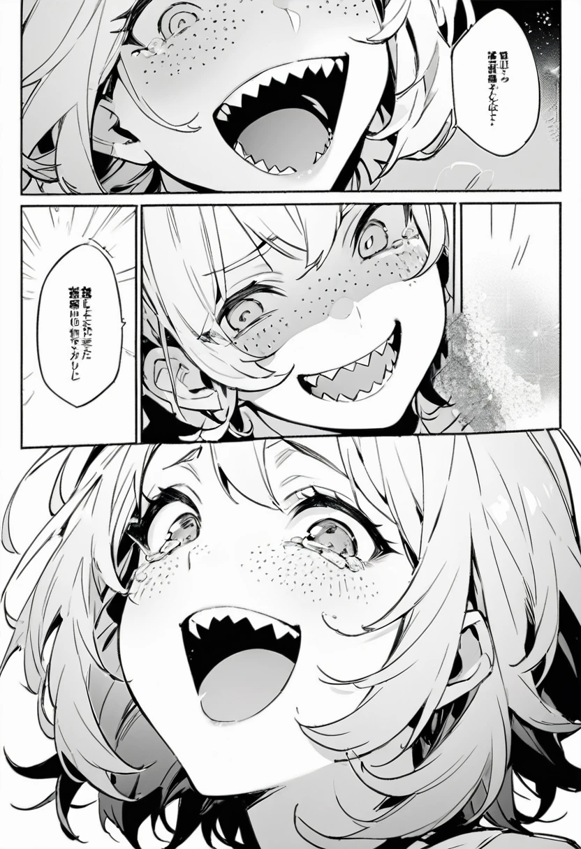 best quality , monochrome, lineart, 1girl, short darkhair, freckles, smile, looking at viewer,open mouth, sharp teeth, happy tears, white background oldest, comic