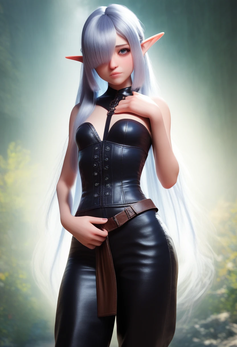 detailed gnome girl with pale skin, short stature, and very long silver hair that curls at the ends, covering one eye, with small breasts, pouty lips, and bright blue anime-style eyes with long lashes, wearing a corset, white puffy long sleeved shirt, and puffy cloth pants, leather bound boots, set in a windy fantasy landscape, (best quality,4k,8k,highres,masterpiece:1.2),ultra-detailed, dungeons and dragons, long elf ears,  girl, detailed skin and cloth textures, cute detailed face, intricate details, extremely detailed, 1girl, dynamic pose with hair covering one eye, shy personality, cloth pants with leather belt