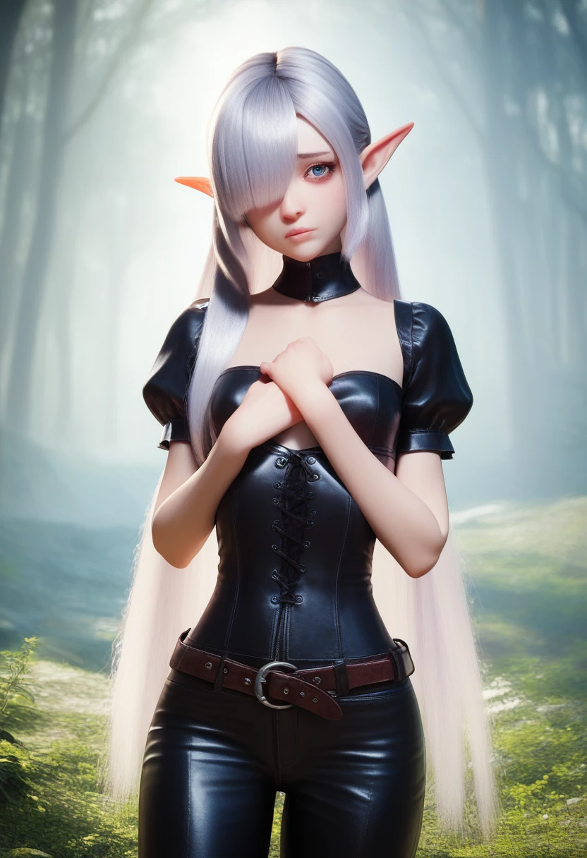 detailed gnome girl with pale skin, short stature, and very long silver hair that curls at the ends, covering one eye, with small breasts, pouty lips, and bright blue anime-style eyes with long lashes, wearing a corset, white puffy long sleeved shirt, and puffy cloth pants, leather bound boots, set in a windy fantasy landscape, (best quality,4k,8k,highres,masterpiece:1.2),ultra-detailed, dungeons and dragons, long elf ears,  girl, detailed skin and cloth textures, cute detailed face, intricate details, extremely detailed, 1girl, dynamic pose with hair covering one eye, shy personality, cloth pants with leather belt