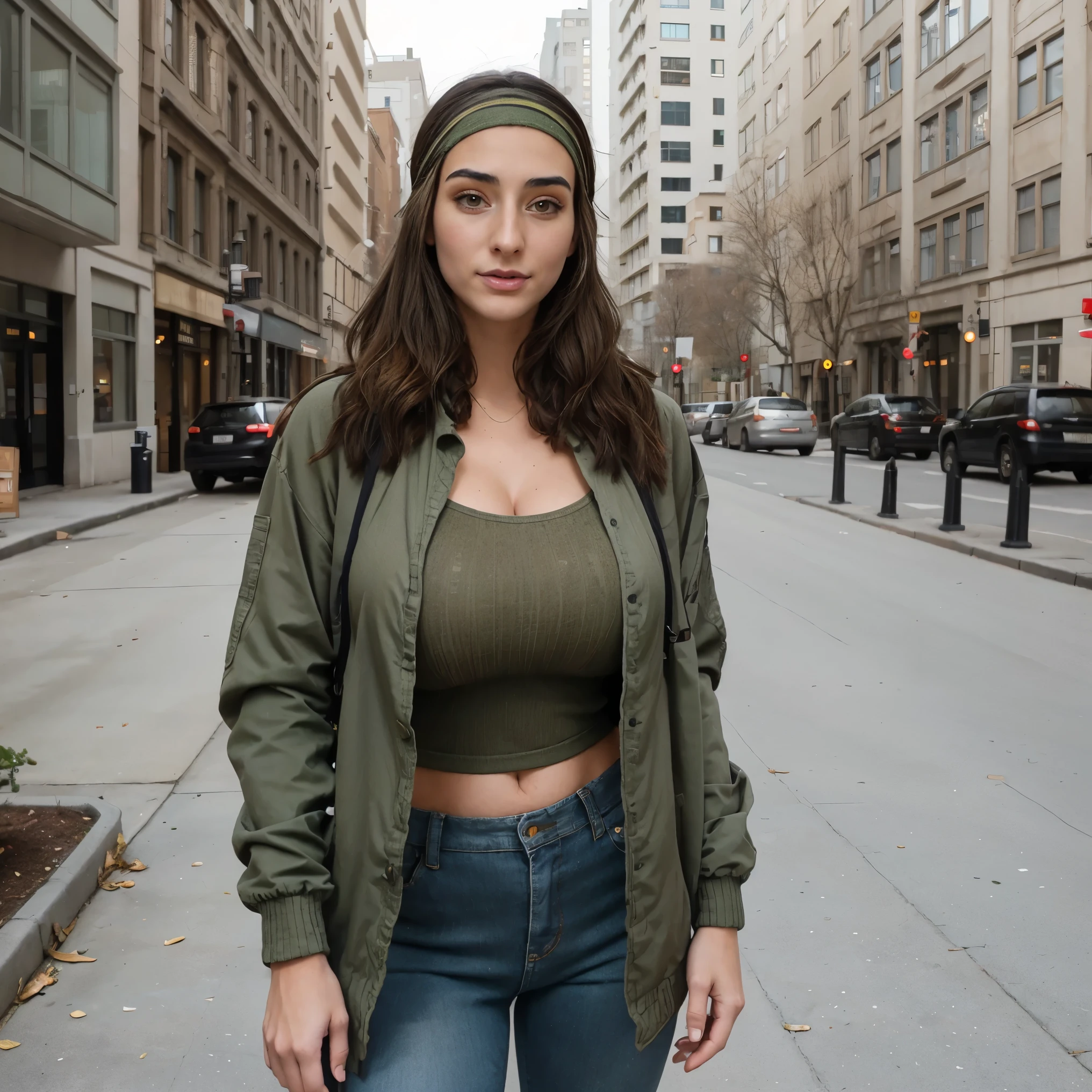 Extremely busty thin and toned brunette photographer, college girl, fair skin, loose side sweep, soft face, athletic, bandana babushka headwrap, tight olive green casual windbreaker, skinny jeans. standing in front of her apartment building, outdoors, city, camera bag, cleavage