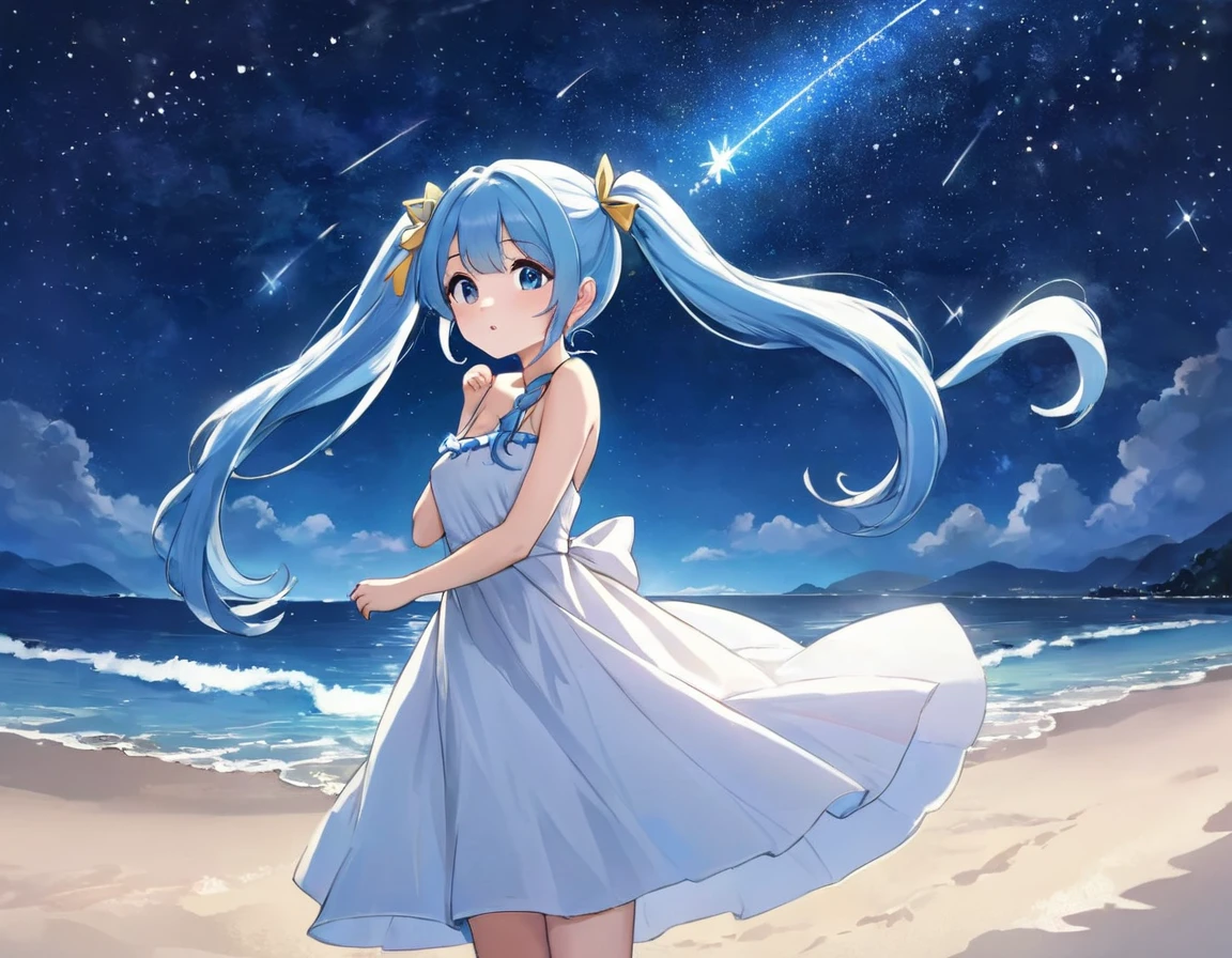 Night sky beach、Lots of shooting stars、Light blue long hair、Beautiful girl with twin tails、White long dress、Looking up at a shooting star